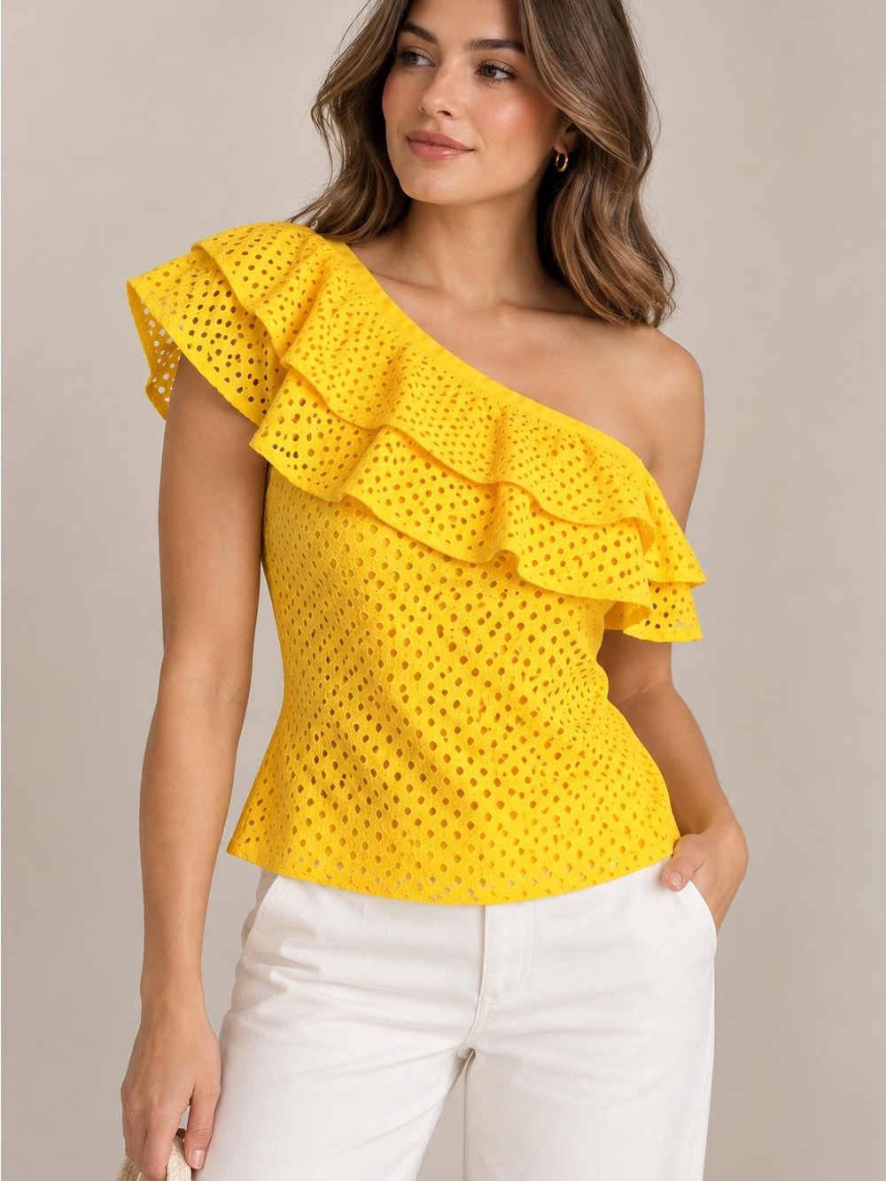 Banana Republic One-Shoulder Ruffle Eyelet Camisole in Yellow